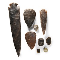 Stone Age Flint Scrapers with Reproduction Axes and Spearheads