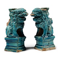 Chinese Ming Glazed Lion Candlestick Pair