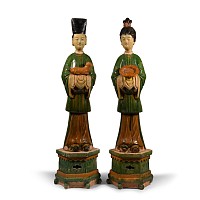 Large Chinese Ming Green Glazed Attendant Pair