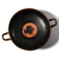 Attic Black Figure Kylix with Processional Scenes of Satyrs and Maenads and Pegasus