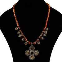 Slavic Silver and Carnelian Bead Necklace with Silver Cross Pendant