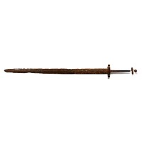 Migration Period Iron Sword with Garnet and Shell Cross Guard with Gold and Amber Sword Bead