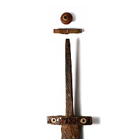 Migration Period Iron Sword with Garnet and Shell Cross Guard with Gold and Amber Sword Bead
