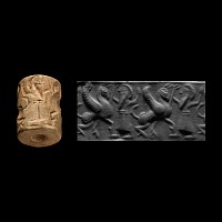 Central Asian Chert Cylinder Seal with Hero and Monster