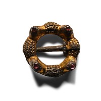 Medieval Gilt Bronze Turretted Ring Brooch with Amethyst Gemstones
