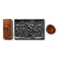 Old Syrian Limestone Cylinder Seal with Erotic Scenes
