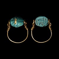 Egyptian Bright Blue Faience Scarab in Gold Ring