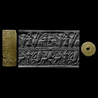 Mesopotamian Cylinder Seal with Drinking and Animal Combat Scenes
