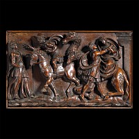 Renaissance Framed Wooden Panel with Horse and Figures