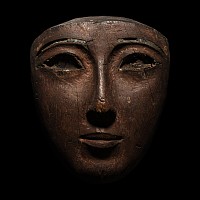 Egyptian Wooden Mummy Mask with Egyptian Blue Inlaid Eyebrows