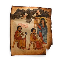 Ethiopian Manuscript Page with Mary Rescuing the Two Scribes from Devils
