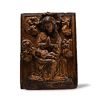 Medieval Gilt Wooden Relief with Enthroned Virgin and Child Surrounded by Angels