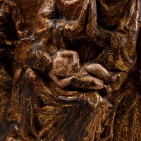 Medieval Gilt Wooden Relief with Enthroned Virgin and Child Surrounded by Angels