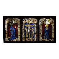 Very Large Medieval Stained Glass Crucifixion Triptych