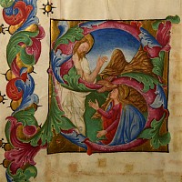 Medieval Large Miniature of Letter 'S' from a Choir Book, The Risen Christ with Mary Magdala