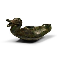 Late Roman Bronze Oil Lamp with Duck Head Handle