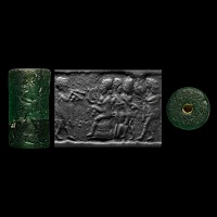 Western Asiatic Green Glass Cylinder Seal with Entertainment Scene