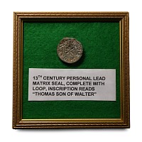 Framed Medieval Lead Seal Matrix of Thomas Son of Walter
