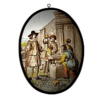 Stained Glass Panel of an Architect Inspecting the Work of Masons