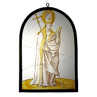Renaissance Stained Glass Panel of a Bishop Saint Reading From the Bible