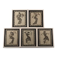Set of Five Framed Indonesian Temple Dancers Painted on Linen