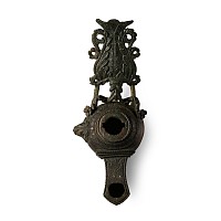 Elaborate Roman Bronze Oil Lamp with Lion Mask