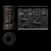 Old Babylonian Black Stone Cylinder Seal with Presentation Scene