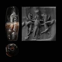 Achaemenid Banded Agate Cylinder Seal with King Grasping Rampant Winged Lions