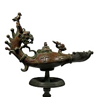 Late Roman Bronze Oil Lamp with Gryphon Handle and Stand