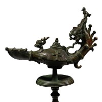 Late Roman Bronze Oil Lamp with Gryphon Handle and Stand