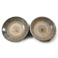Hoi An Cargo Shipwreck Glazed Blue and White Large Plate Pair with Seal Stamps