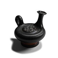 Greek Black-Glazed Guttos with Horseman Spearing an Amazon