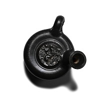 Greek Black-Glazed Guttos with Horseman Spearing an Amazon
