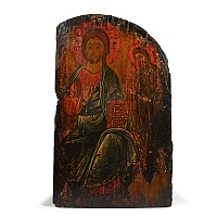 Large Cretan Wooden Icon Fragment of Deesis with Christ Pantocrator and Saint John the Prodromos