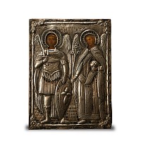 Greek  Wooden Icon with Silver Cover Showing Saint Michael and Gabriel