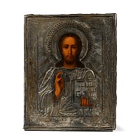 Russian Wooden Icon with Christ Pantocrator with Silver Cover