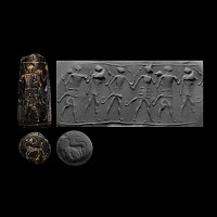 Levantine Black Stone Cylinder Seal with Walking Men