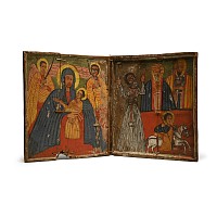 Ethiopian Wooden Diptych Icon of the Virgin and Child with Gabra Manfus Qeddus and Saints