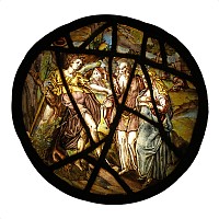 Medieval Stained Glass Roundel Depicting an Angel and a Couple