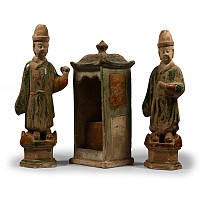 Chinese Ming Terracotta Figure Pair with Chair