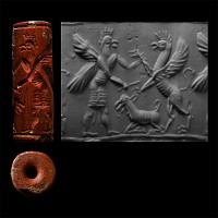 Assyrian Red Jasper Cylinder Seal with Contest Scene