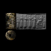 Akkadian Black Stone Cylinder Seal of the Sun God Shamash and Worshipping Parade