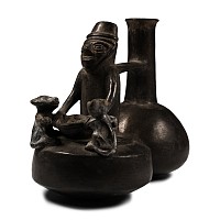 Peruvian Lambayque Painted Pottery Stirrup Jar with Figures
