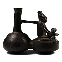 Peruvian Lambayque Painted Pottery Stirrup Jar with Figures