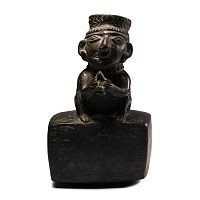 Moche Painted Pottery Stirrup Jar with Crouching Figure