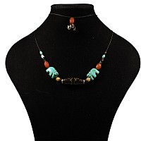Agate and Glass Bead Necklace String with Elephant Amulets
