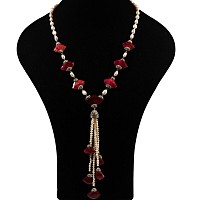 Ruby-Coloured Stone and Pearl Bead Necklace