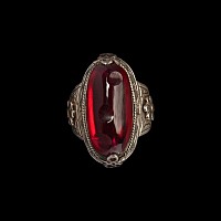 Large Silver-Coloured Metal Ring with Crimson Cabochon