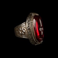 Large Silver-Coloured Metal Ring with Crimson Cabochon