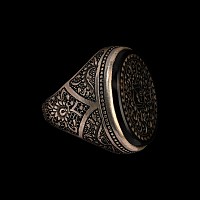 Large Western Asiatic Silver-Coloured Metal Ring with Agate Calligraphic Gemstone